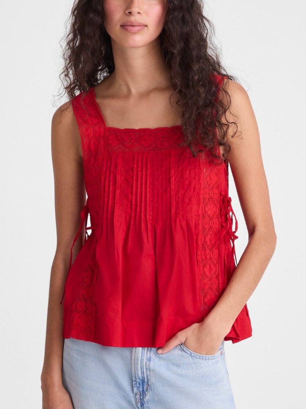 Madewell Sophie Cotton Lace Trim Pintuck Side Tie Sleeveless Top Red S NWT